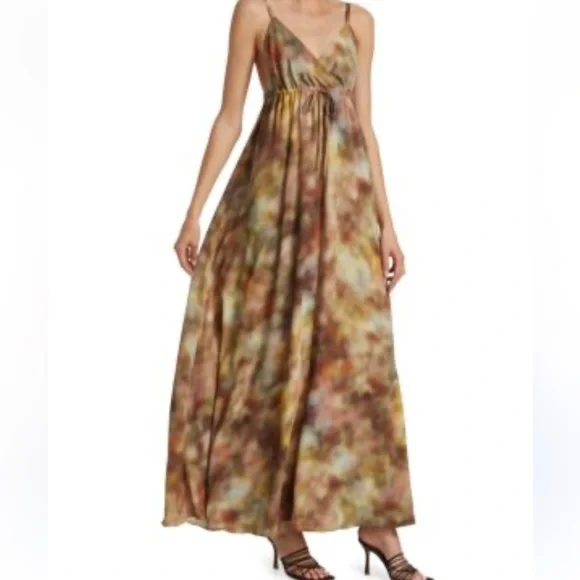 L'AGENCE Brown and Cream Maxi Dress Elegant Lined Abstract Print SP - Picture 9 of 16